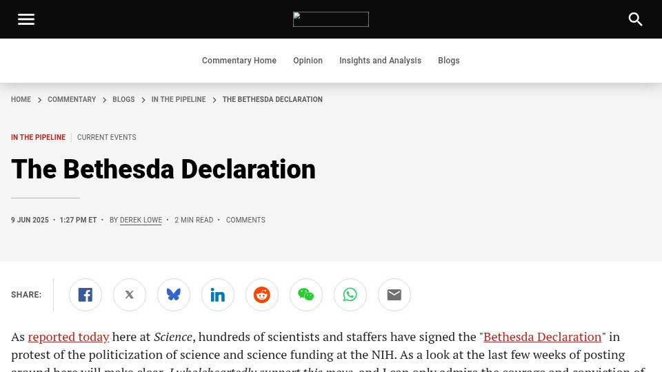 Screenshot of science.org: The Bethesda Declaration