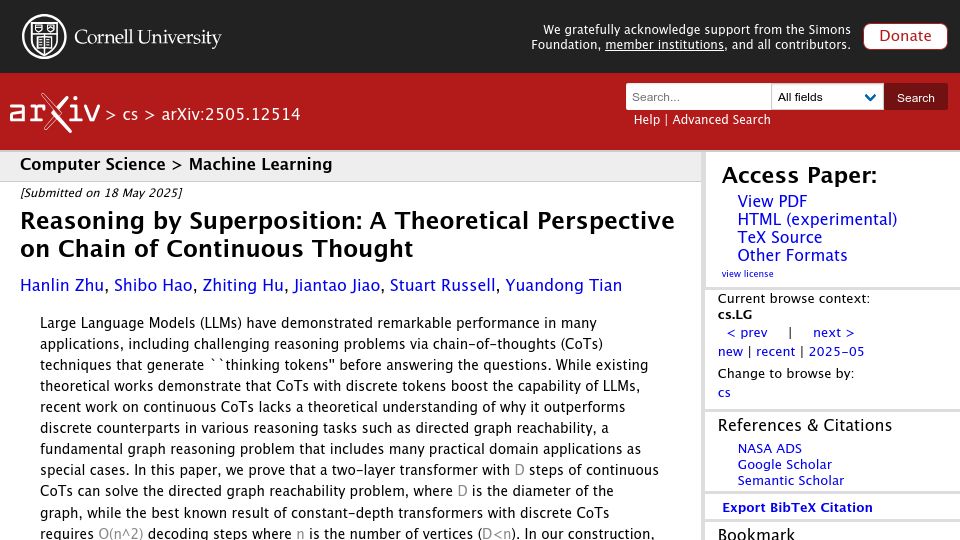 Screenshot of arxiv.org: Reasoning by Superposition: A Perspective on Chain of Continuous Thought
