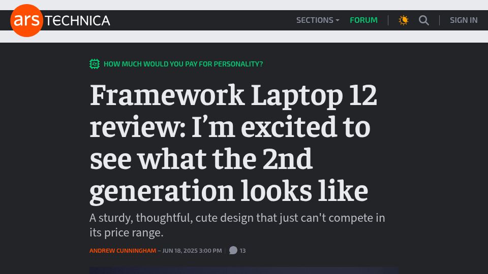 Screenshot of arstechnica.com: Framework Laptop 12 review