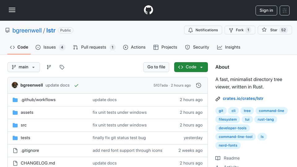 Screenshot of github.com: Show HN: Lstr – A modern, interactive tree command written in Rust