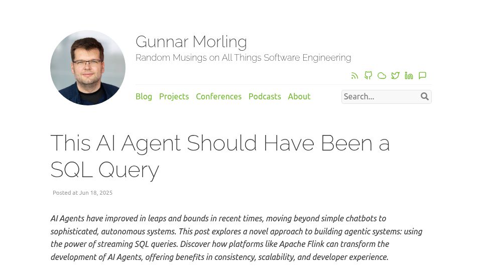 Screenshot of morling.dev: Building agents using streaming SQL queries