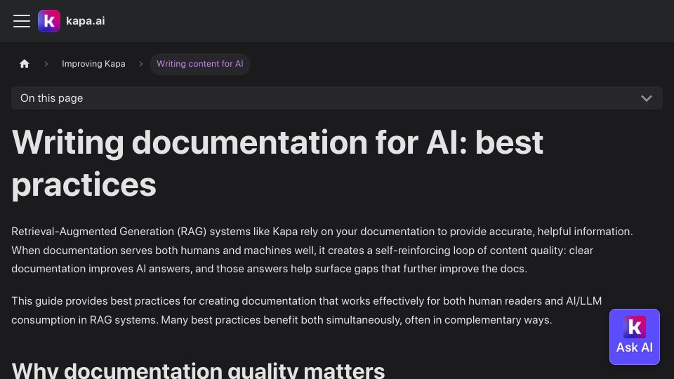 Screenshot of docs.kapa.ai: Writing documentation for AI: best practices