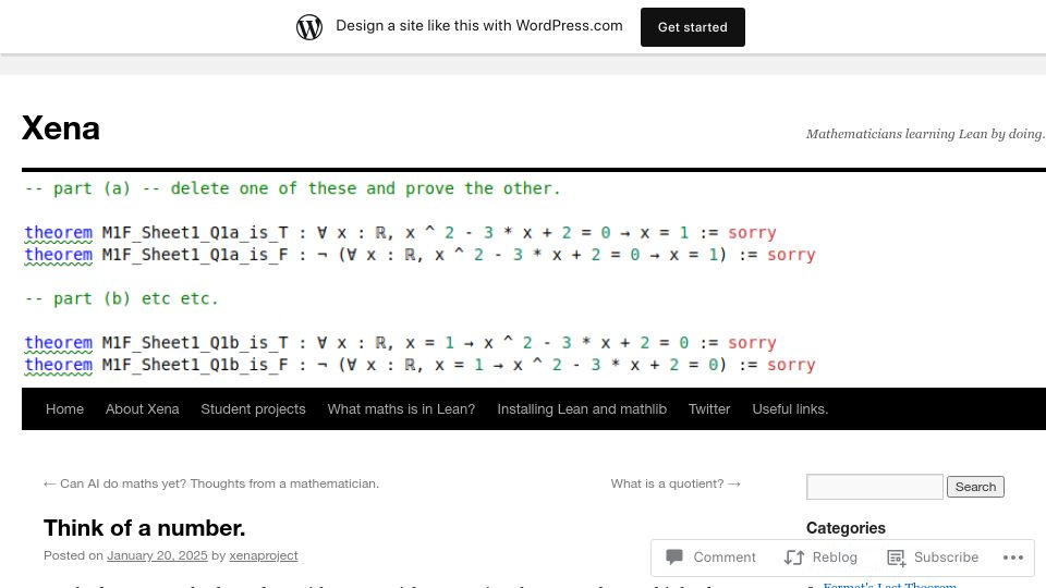 Screenshot of xenaproject.wordpress.com: Think of a Number