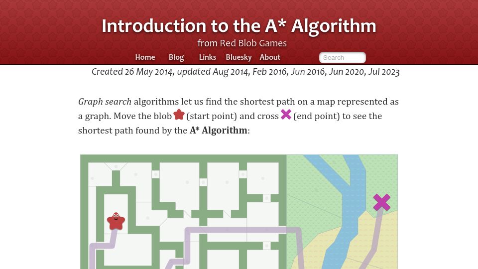 Screenshot of redblobgames.com: Introduction to the A* Algorithm (2014)