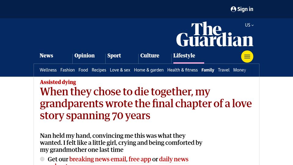 Screenshot of theguardian.com: My grandparents chose to die together, the end chapter of love spanning 70 years