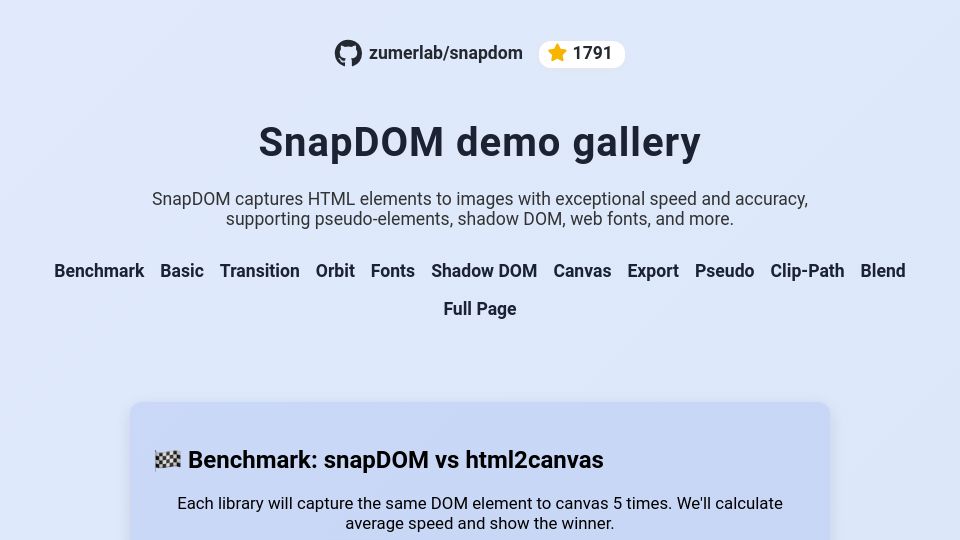 Screenshot of zumerlab.github.io: Benchmark: snapDOM vs html2canvas