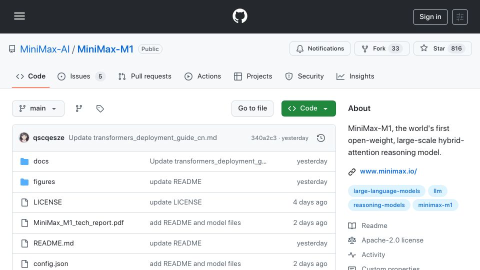 Screenshot of github.com: MiniMax-M1 open-weight, large-scale hybrid-attention reasoning model