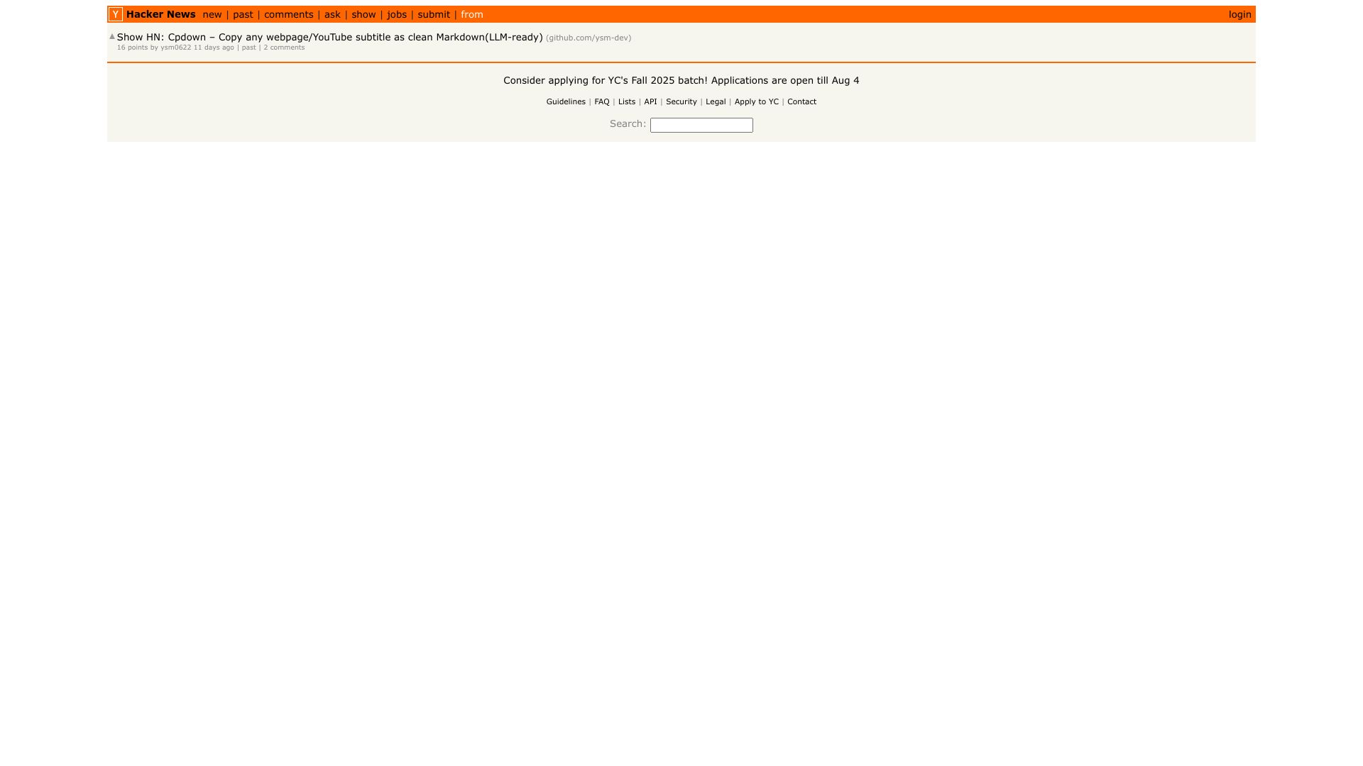 Screenshot of news.ycombinator.com: Show HN: Cpdown – Copy any webpage/YouTube subtitle as clean Markdown(LLM-ready)