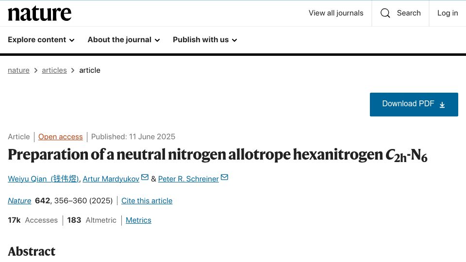 Screenshot of nature.com: Preparation of a neutral nitrogen allotrope hexanitrogen C2h-N6