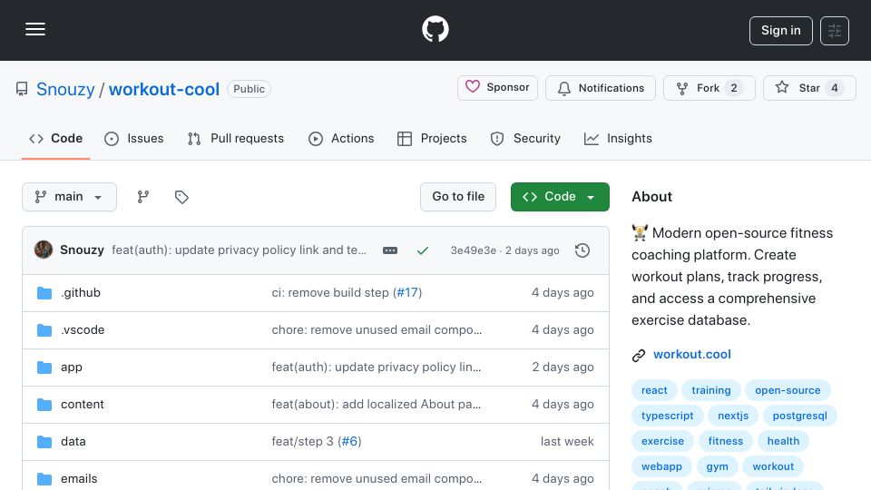Screenshot of github.com: Show HN: Workout.cool – Open-source fitness coaching platform
