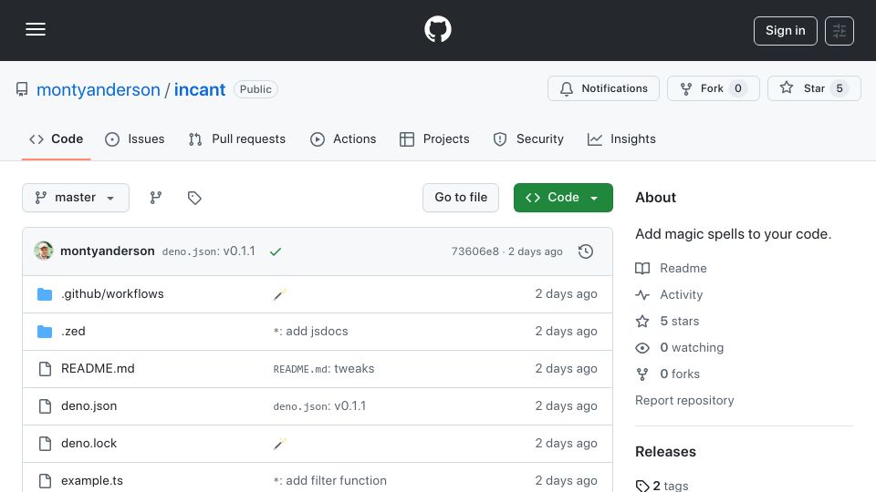 Screenshot of github.com: Incant – add magic spells to your code