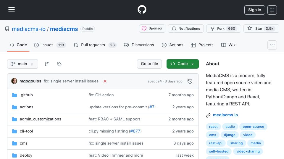Screenshot of github.com: Show HN: MediaCMS v6 – open-source video platform with trimmer and RBAC
