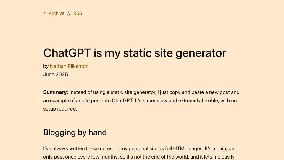 Screenshot of notes.npilk.com: ChatGPT is my static site generator