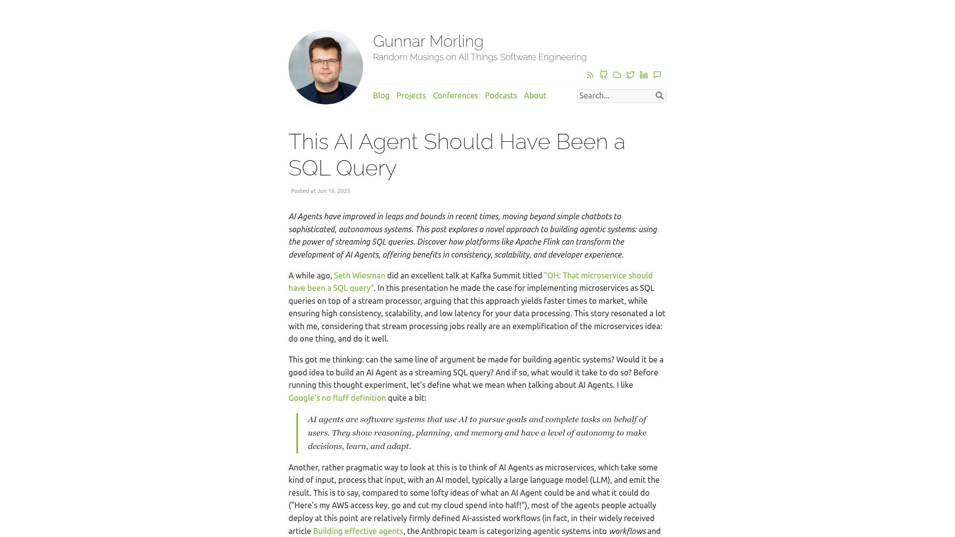 Screenshot of morling.dev: Building agents using streaming SQL queries