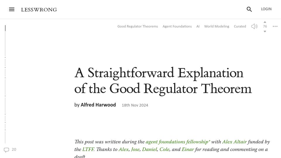 Screenshot of lesswrong.com: A Straightforward Explanation of the Good Regulator Theorem