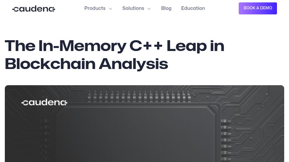 Screenshot of caudena.com: In-Memory C++ Leap in Blockchain Analysis