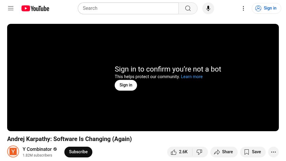 Screenshot of youtube.com: Andrej Karpathy: Software in the era of AI [video]
