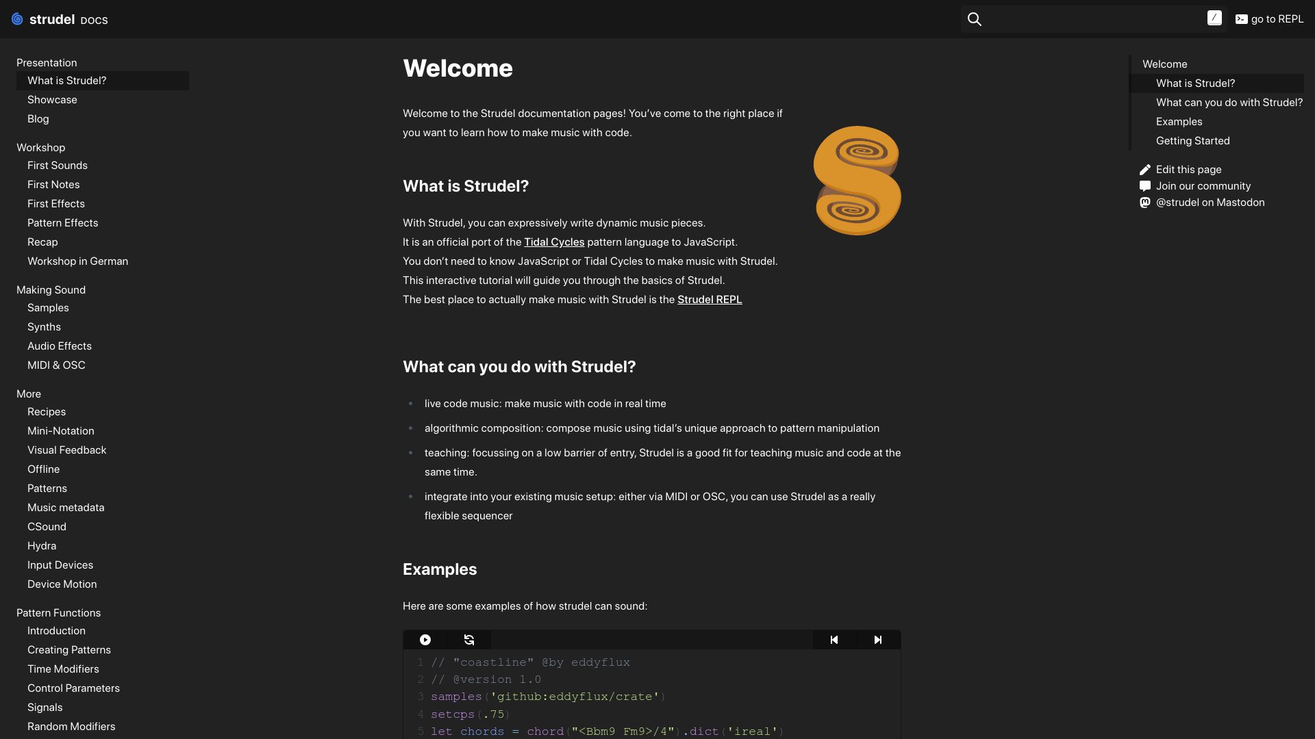 Screenshot of strudel.cc: Getting Started Strudel