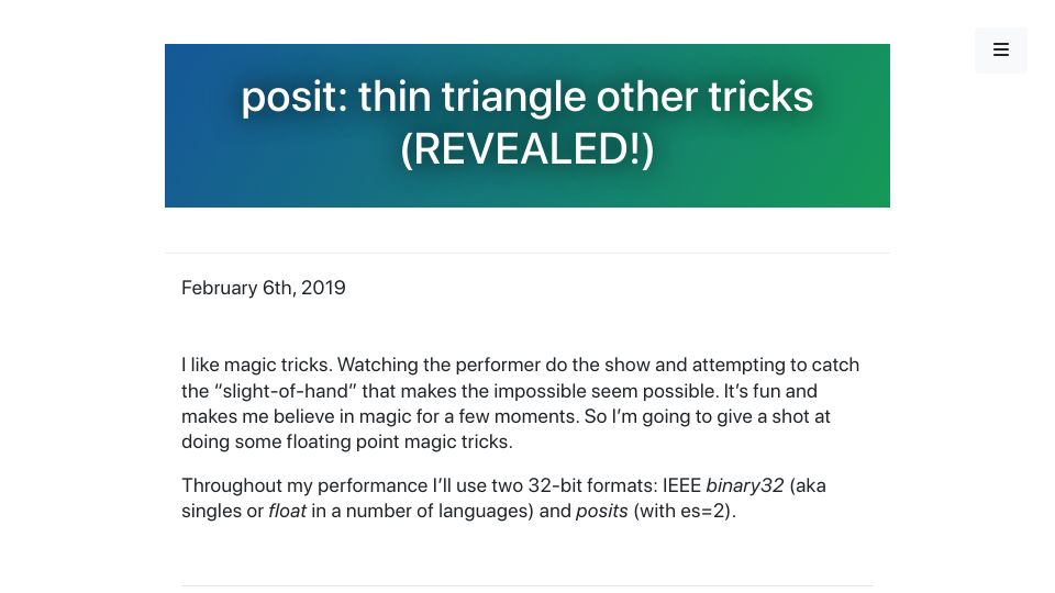 Screenshot of marc-b-reynolds.github.io: Posit floating point numbers: thin triangles and other tricks (2019)