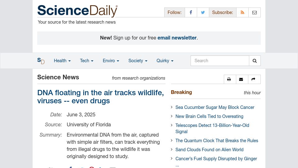Screenshot of sciencedaily.com: DNA floating in the air tracks wildlife, viruses, even drugs