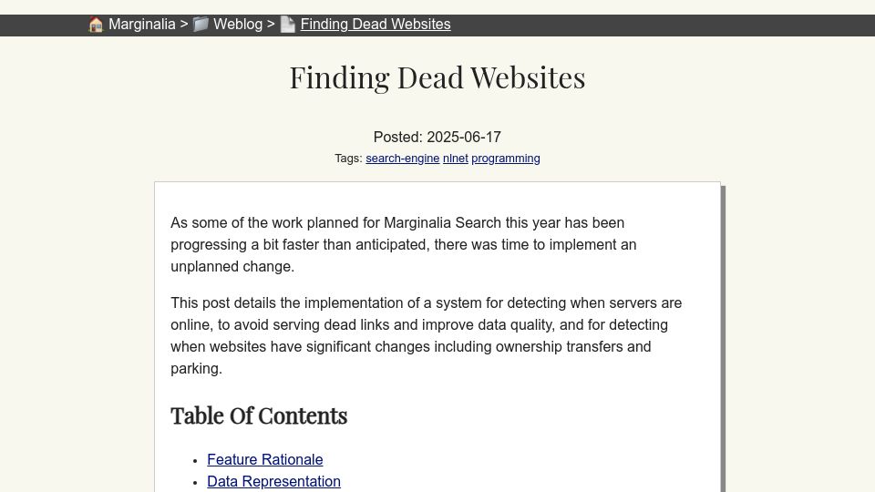 Screenshot of marginalia.nu: Finding Dead Websites