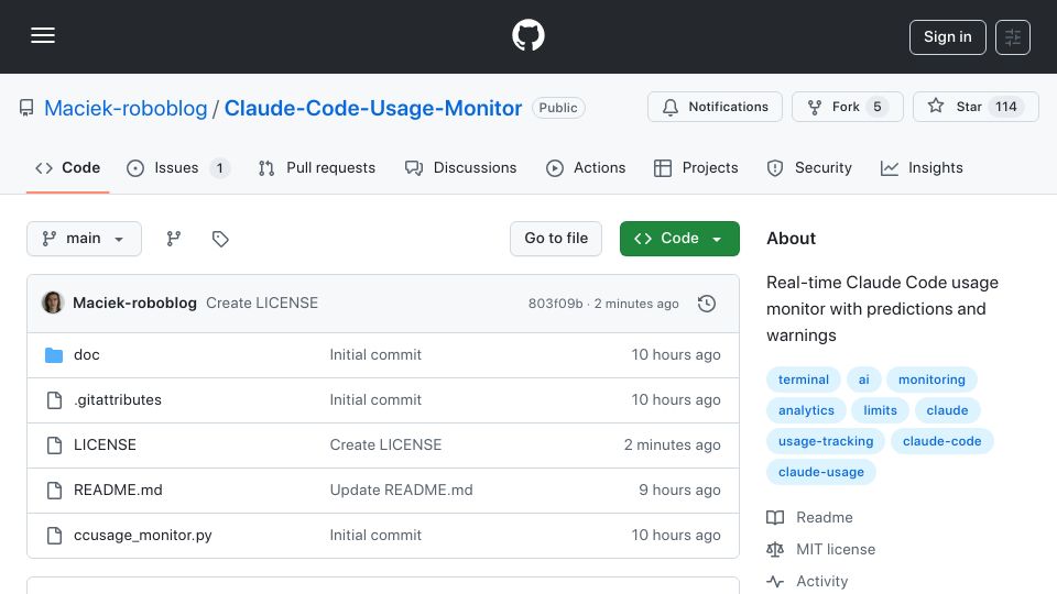 Screenshot of github.com: Show HN: Claude Code Usage Monitor – real-time tracker to dodge usage cut-offs