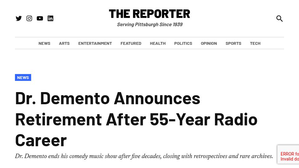 Screenshot of sopghreporter.com: Dr. Demento Announces Retirement After 55-Year Radio Career