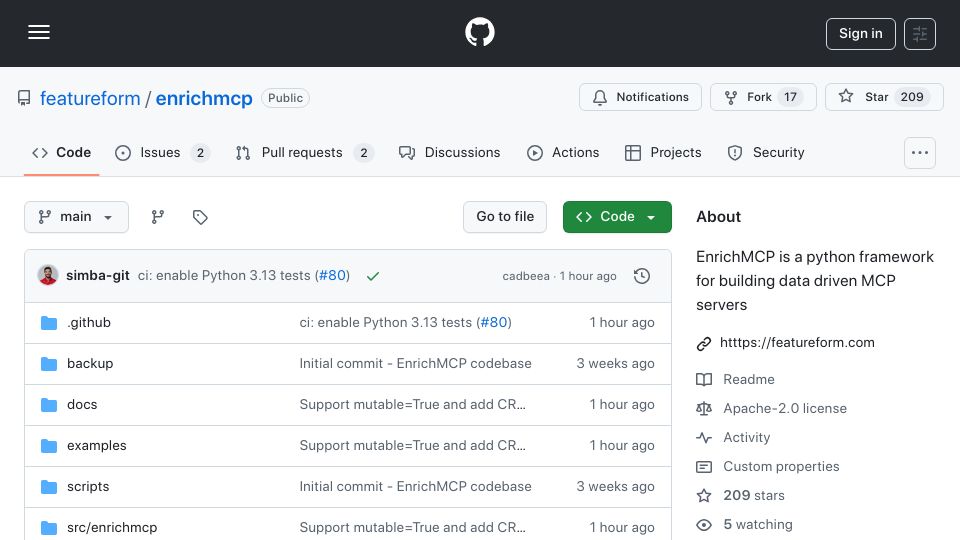 Screenshot of github.com: Show HN: EnrichMCP – A Python ORM for Agents