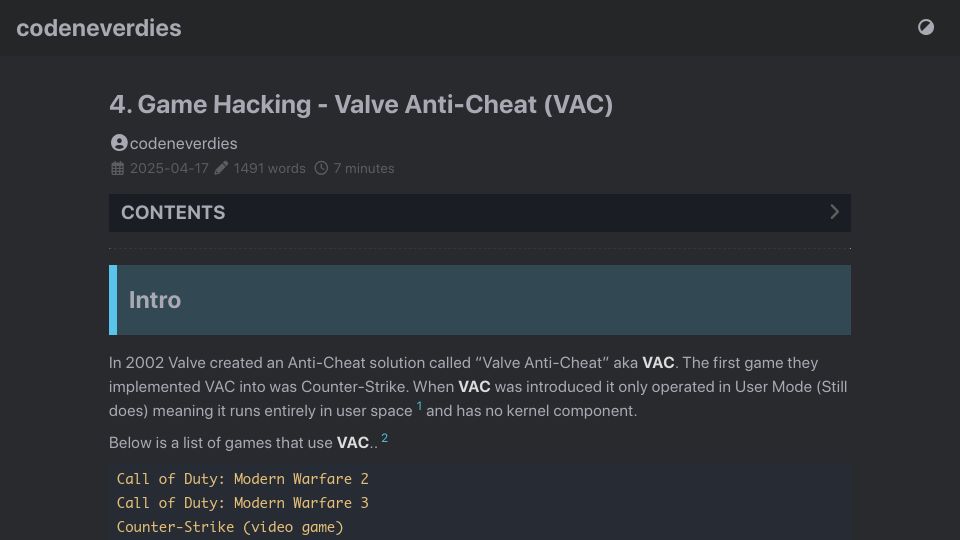 Screenshot of codeneverdies.github.io: Game Hacking – Valve Anti-Cheat (VAC)