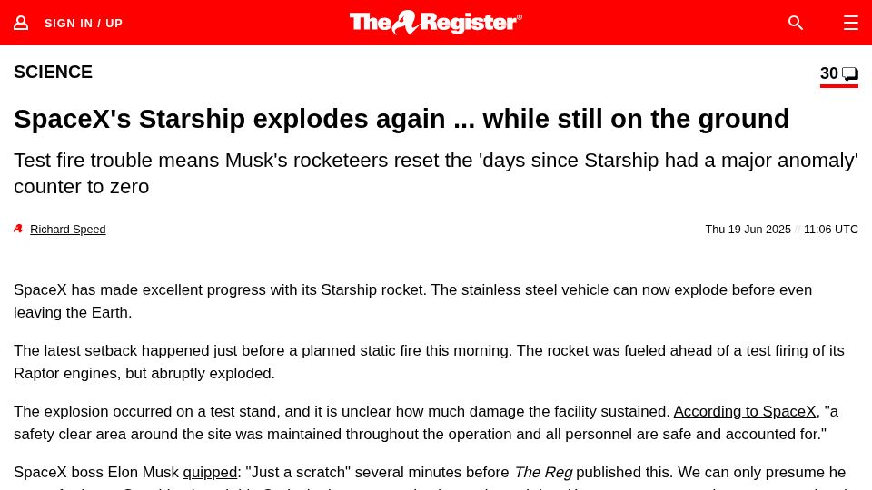 Screenshot of theregister.com: SpaceX's Starship explodes again while still on the ground