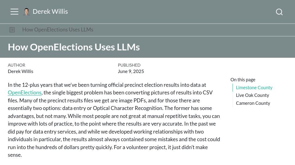 Screenshot of thescoop.org: How OpenElections uses LLMs