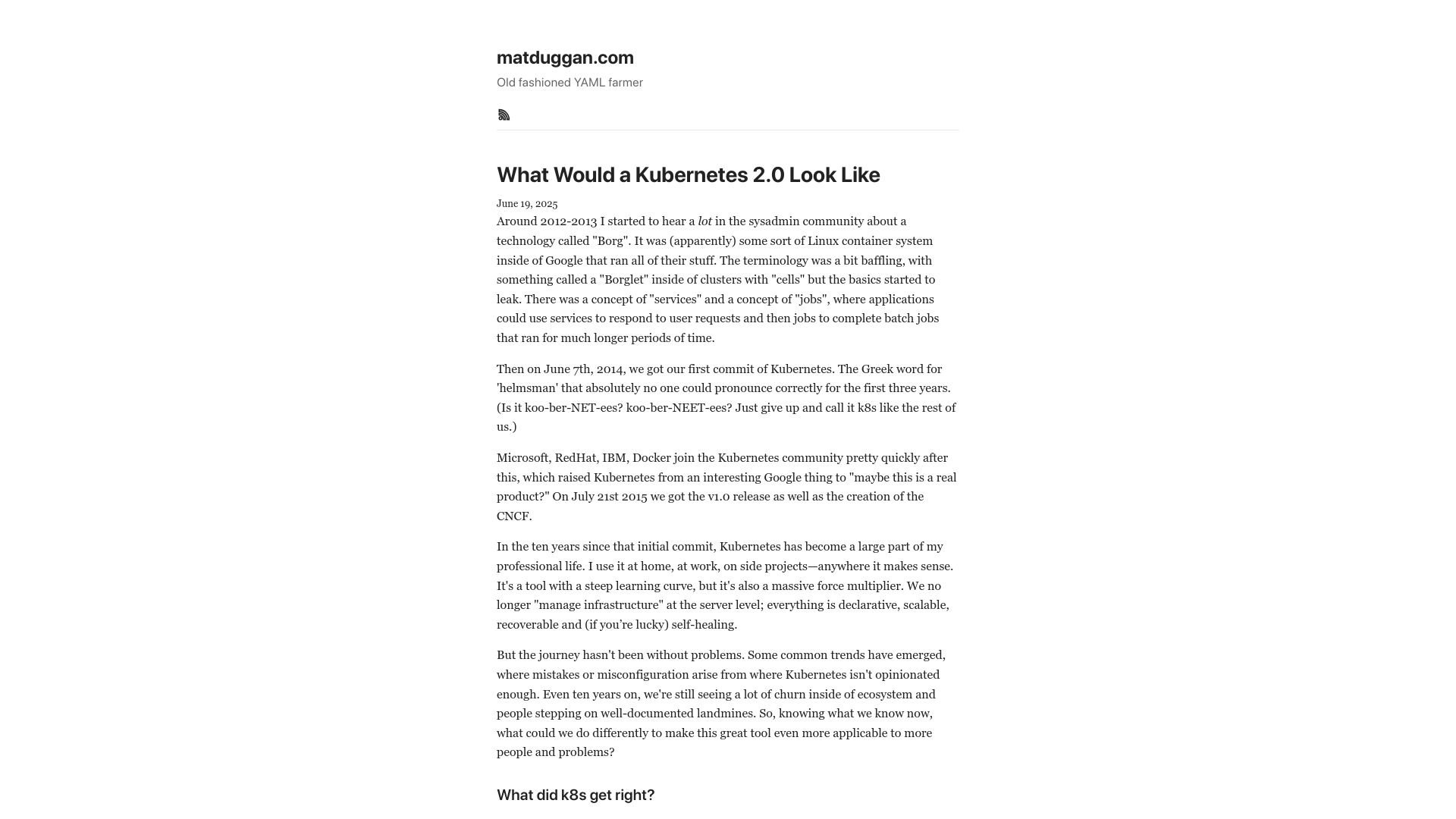 Screenshot of matduggan.com: What would a Kubernetes 2.0 look like
