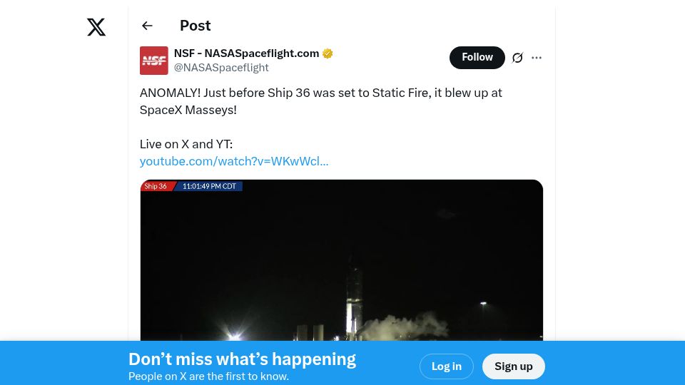Screenshot of twitter.com: SpaceX Starship 36 Anomaly