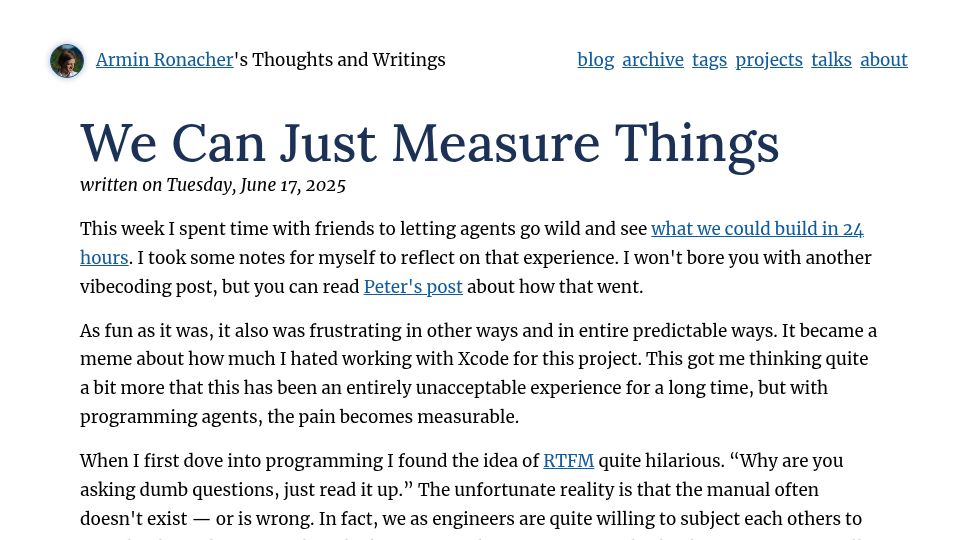 Screenshot of lucumr.pocoo.org: We Can Just Measure Things