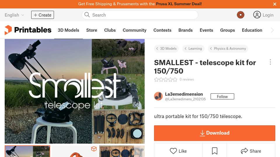 Screenshot of printables.com: 3D printable 6" f/5 compact travel telescope model
