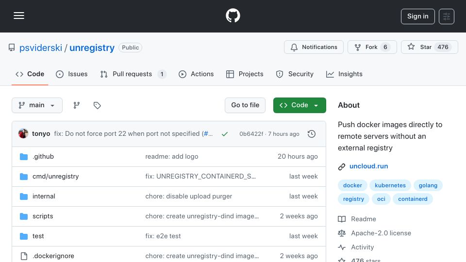 Screenshot of github.com: Show HN: Unregistry – “docker push” directly to servers without a registry
