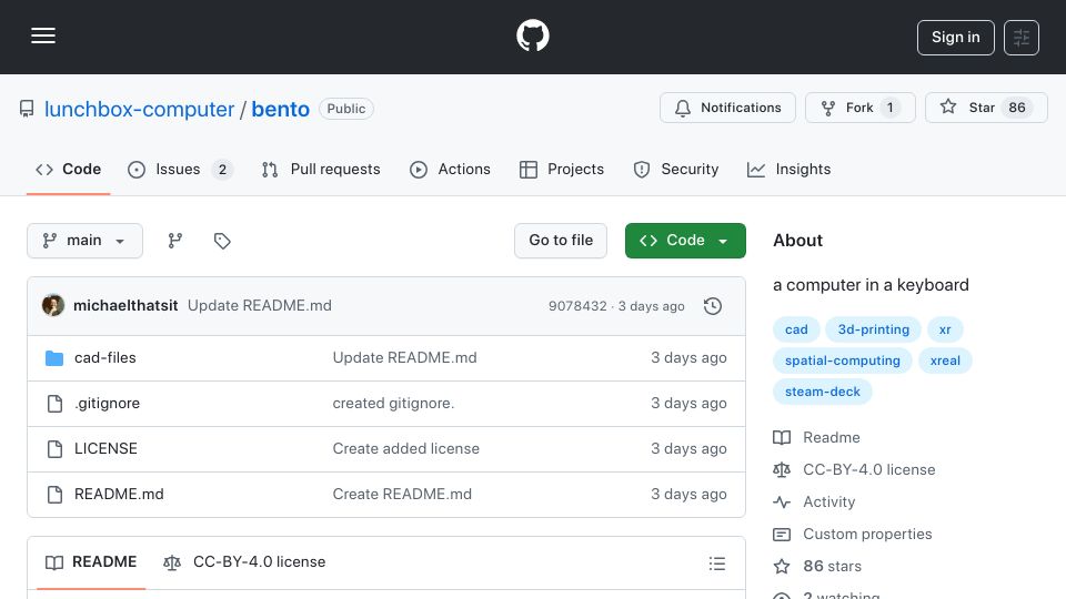 Screenshot of github.com: Bento: A Steam Deck in a Keyboard