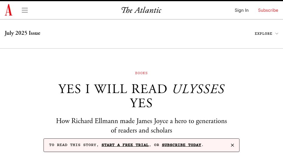 Screenshot of theatlantic.com: Yes I Will Read Ulysses Yes