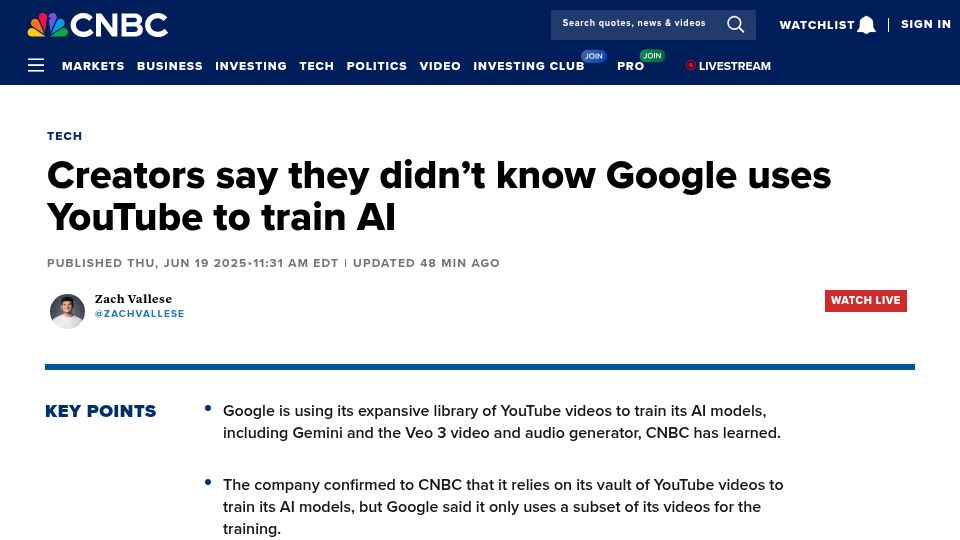 Screenshot of cnbc.com: Google is using YouTube videos to train its AI video generator
