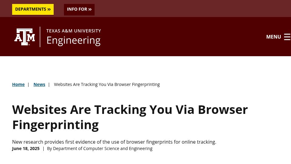 Screenshot of engineering.tamu.edu: Websites are tracking you via browser fingerprinting