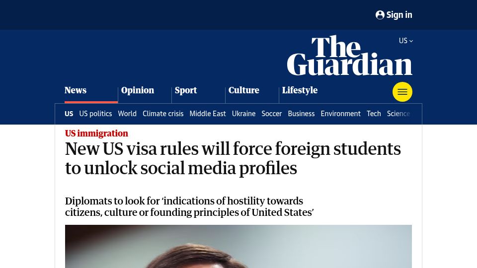 Screenshot of theguardian.com: New US visa rules will force foreign students to unlock social media profiles