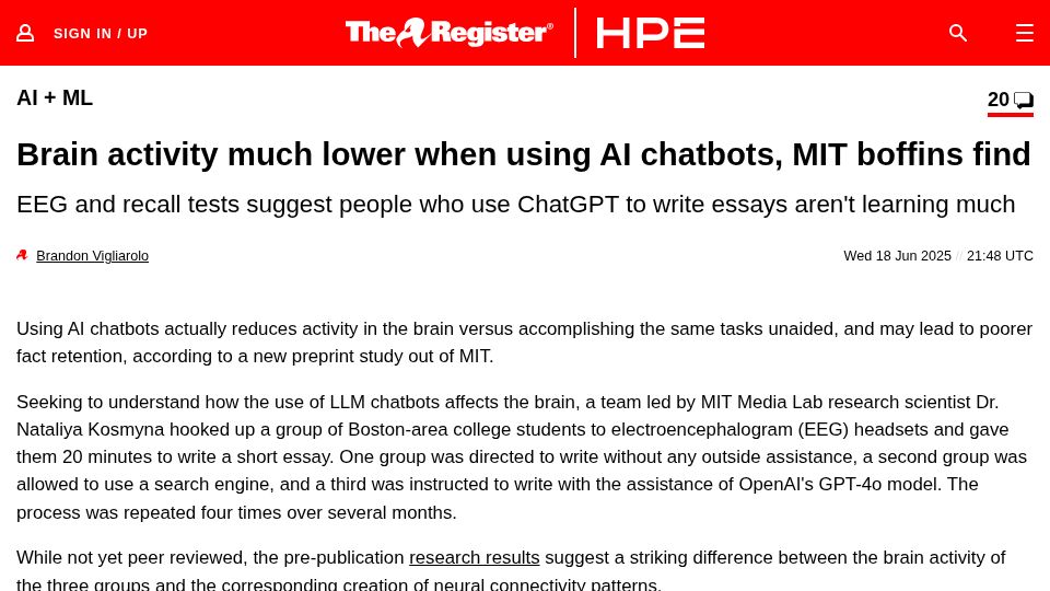 Screenshot of theregister.com: Brain activity much lower when using AI chatbots, MIT boffins find