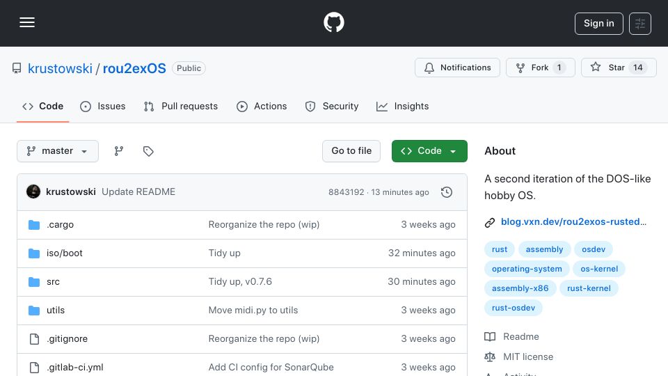 Screenshot of github.com: Show HN: A DOS-like hobby OS written in Rust and x86 assembly