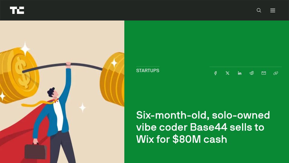 Screenshot of techcrunch.com: Base44 sells to Wix for $80M cash