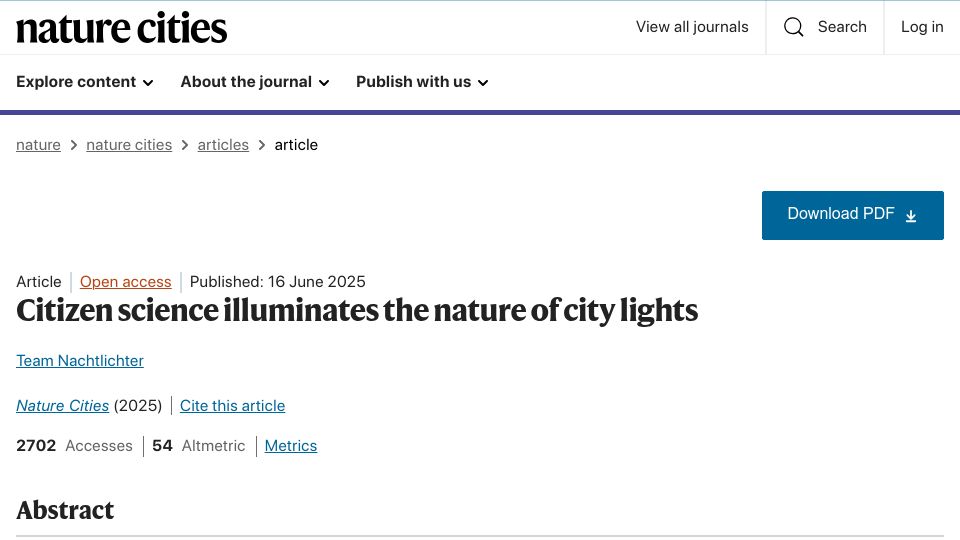Screenshot of nature.com: Citizen science illuminates the nature of city lights