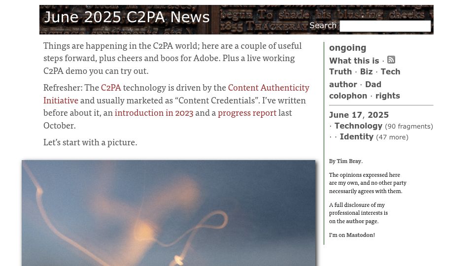 Screenshot of tbray.org: June 2025 C2PA News