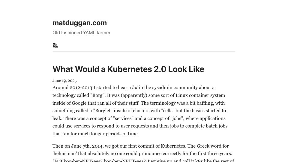 Screenshot of matduggan.com: What would a Kubernetes 2.0 look like