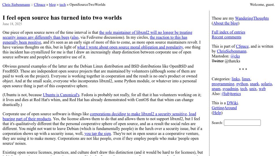 Screenshot of utcc.utoronto.ca: I feel open source has turned into two worlds