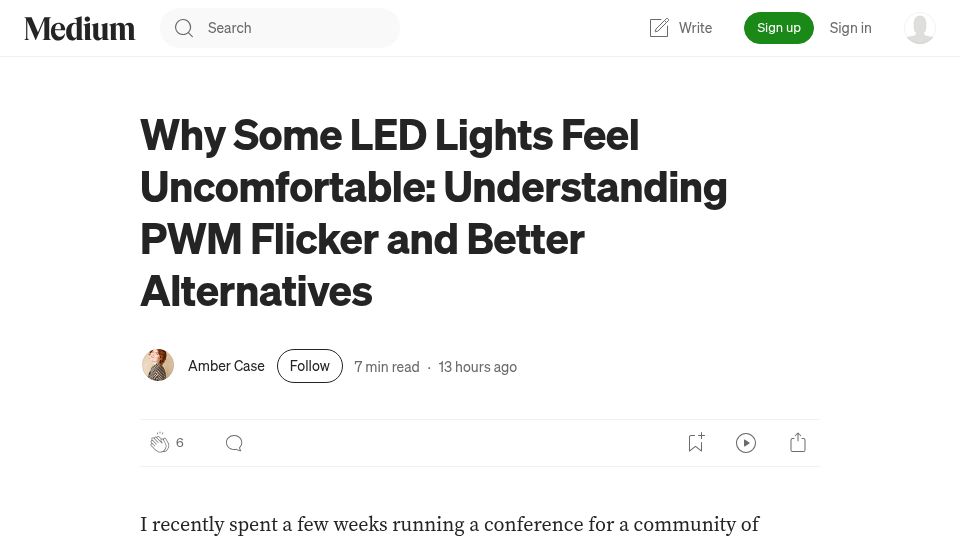 Screenshot of caseorganic.medium.com: PWM flicker: Invisible light that's harming our health?