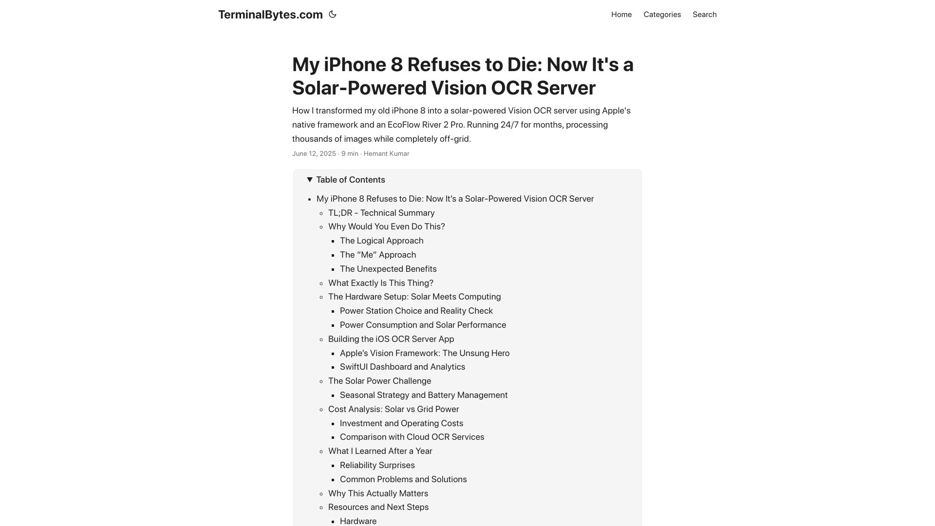 Screenshot of terminalbytes.com: My iPhone 8 Refuses to Die: Now It's a Solar-Powered Vision OCR Server